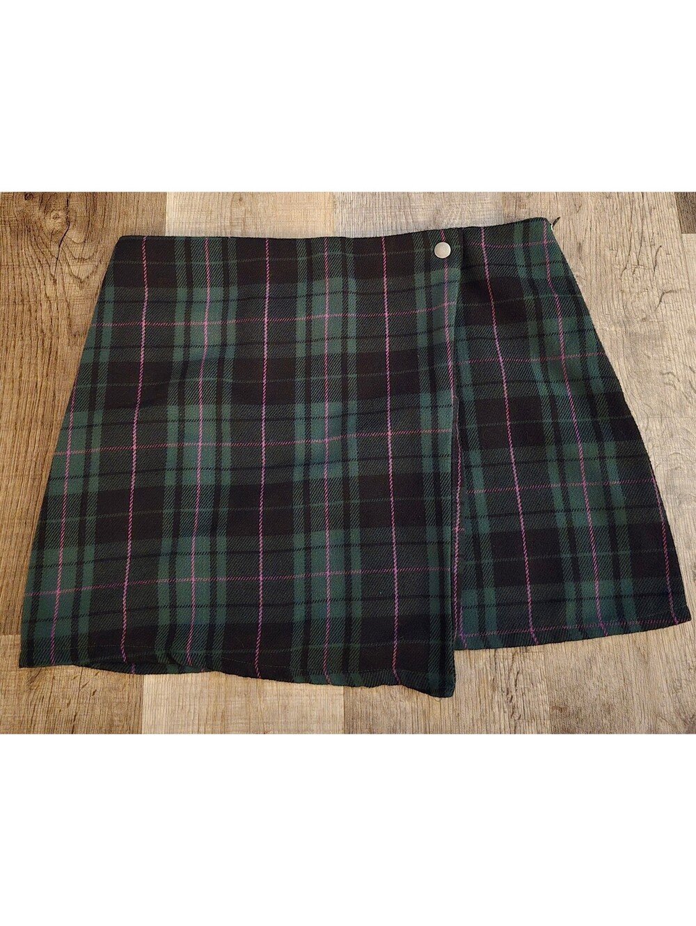 Green & Pink Plaid Wrap Mini Skirt